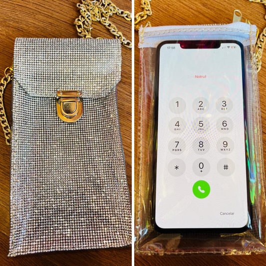 Porta Celular Deluxe con Piedras – Bolsita, Cadena y Protector Touch | 6 Colores