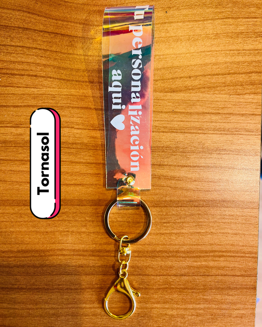 Llavero personalizable premium con logo en diseño colorido, ideal para personalización y eventos.